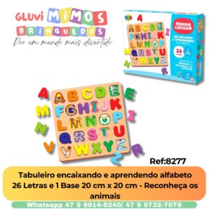Tabuleiro encaixando e aprendendo alfabeto 26 Letras e 1 Base 20 cm x 20 cm - Reconheça os animais