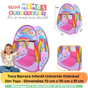 Toca Barraca Infantil Unicórnio Dobrável   Dm Toys - Dimensões 72 cm x 70 cm x 91 cm