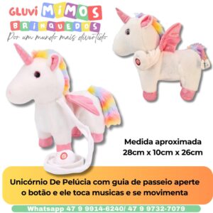 Unicórnio De Pelúcia com guia de passeio aperte o botão e ele toca musicas e se movimenta
