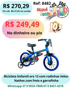 Bicicleta Infantil Aro 12 Com Rodinhas Veloz - Nathor, com freio e garrafinha
