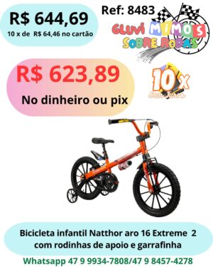 Bicicleta Infantil Nathor Aro 16 Extreme  2 Com Rodinhas de apoio e garrafinha