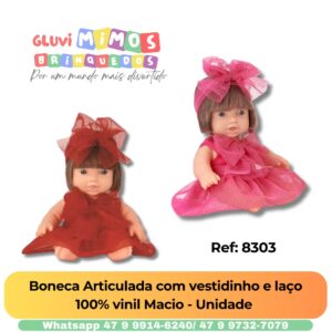 Boneca Articulada com vestidinho e laço 100% vinil Macio - Unidade