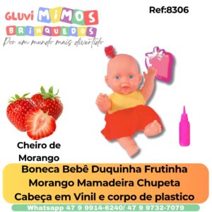 Boneca Bebê Duquinha Frutinha  Morango Mamadeira Chupeta  Cabeça em Vinil e corpo de plastico