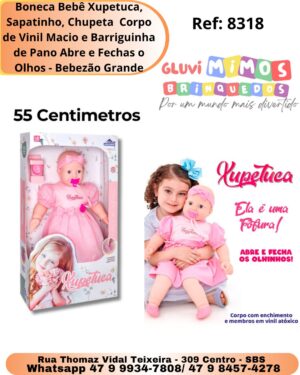 Boneca Bebê Xupetuca, Sapatinho, Chupeta  Corpo de Vinil Macio e Barriguinha de Pano Abre e Fechas o Olhos - Bebezão Grande