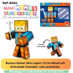 Boneco Gamer Skin Lopers 15 Cm MineCraft Articulado Youtuber  com acessórios