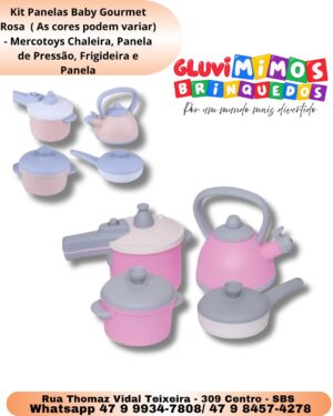 Kit Panelas Baby Gourmet Rosa  ( As cores podem variar) - Mercotoys Chaleira, Panela de Pressão, Frigideira e Panela