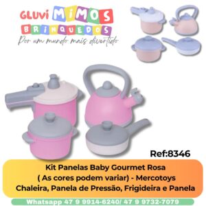 Kit Panelas Baby Gourmet Rosa  ( As cores podem variar) - Mercotoys Chaleira, Panela de Pressão, Frigideira e Panela
