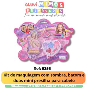 Kit de maquiagem com sombra, batom e duas mini presilha para cabelo