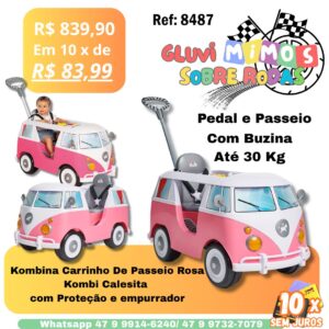 Kombina Carrinho De Passeio Rosa Kombi Calesita  com Proteção e empurrador Pedal e Passeio Com Buzina Até 30 Kg