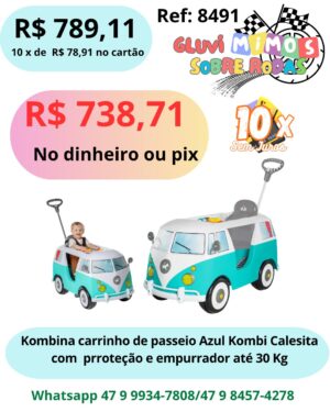 Kombina Carrinho De Passeio Azul Kombi Calesita  com Proteção e empurrador Pedal e Passeio Com Buzina Até 30 Kg