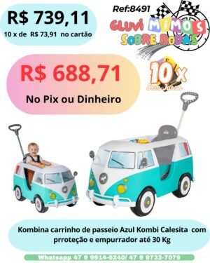 Kombina Carrinho De Passeio Azul Kombi Calesita  com Proteção e empurrador Pedal e Passeio Com Buzina Até 30 Kg