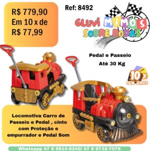 Locomotiva Carro de Passeio e Pedal , cinto  com Proteção e empurrador e Pedal Som