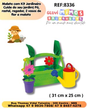 Maleta com Kit Jardineiro ( Cuide do seu jardim) Pá, rastel, regador, 2 vasos de flor e malata ( 31 cm x 25 cm )