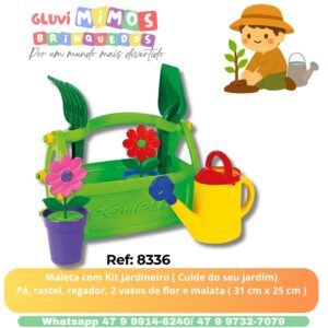 Maleta com Kit Jardineiro ( Cuide do seu jardim) Pá, rastel, regador, 2 vasos de flor e malata ( 31 cm x 25 cm )