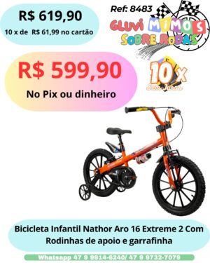 Bicicleta Infantil Nathor Aro 16 Extreme  2 Com Rodinhas de apoio e garrafinha