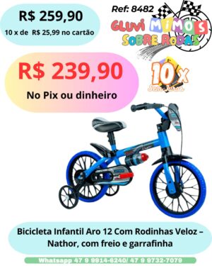 Bicicleta Infantil Aro 12 Com Rodinhas Veloz - Nathor, com freio e garrafinha