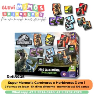 Super Memoria Carnívoros e Herbívoros 3 em 1  3 Formas de Jogar - 54 dinos diferente - memorize até 108 cartas
