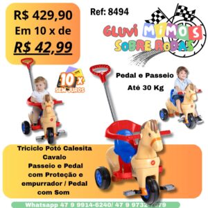 Triciclo Potó Calesita Cavalo  Passeio e Pedal  com Proteção e empurrador / Pedal com Som