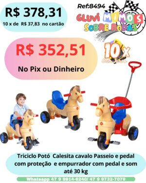 Triciclo Potó Calesita Cavalo  Passeio e Pedal  com Proteção e empurrador / Pedal com Som