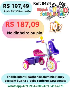 Triciclo Infantil Nathor De Alumínio Honey Bee com cestinha e buzina