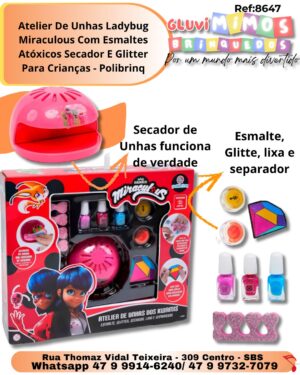 Atelier De Unhas Ladybug Miraculous Com Esmaltes Atóxicos Secador E Glitter Para Crianças - Polibrinq
