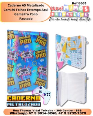 Caderno A5 Metalizado  Com 80 Folhas Estampa Azul  GamePro Polib Pautado