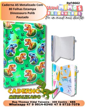 Caderno A5 Metalizado Com 80 Folhas Estampa Dinossauro Polib Pautado