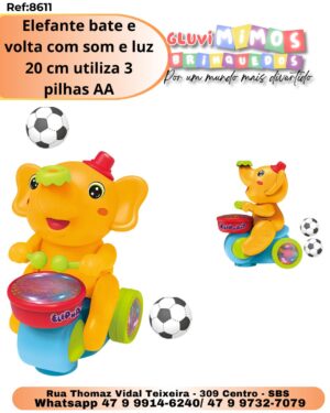 Elefante bate e volta com som e luz  20 cm utiliza 3 pilhas AA