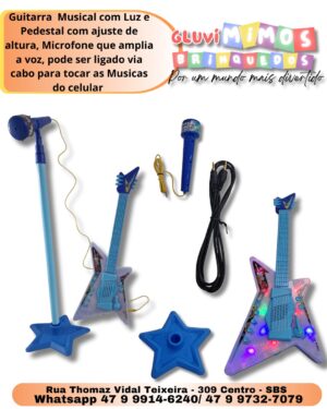 Guitarra  Musical com Luz e Pedestal com ajuste de altura, Microfone que amplia a voz, pode ser ligado via cabo para tocar as Musicas do celular