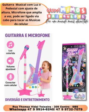 Guitarra  Musical com Luz e Pedestal com ajuste de altura, Microfone que amplia a voz, pode ser ligado via cabo para tocar as Musicas do celular