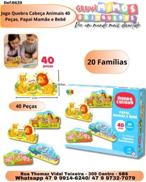 Jogo Quebra Cabeça Animais 40 Peças, Papai Mamãe e Bebê - Papel Cartonado