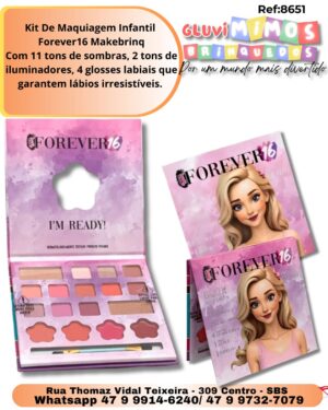 Kit De Maquiagem Infantil  Forever16 Makebrinq Com 11 tons de sombras, 2 tons de iluminadores, 4 glosses labiais que garantem lábios irresistíveis.