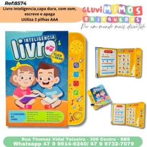 Livro inteligencia,capa dura, com som, escreve e apaga Utiliza 3 pilhas AAA