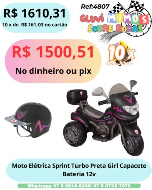 Moto Elétrica Sprint Turbo Preta Girl  Capacete Bateria 12v