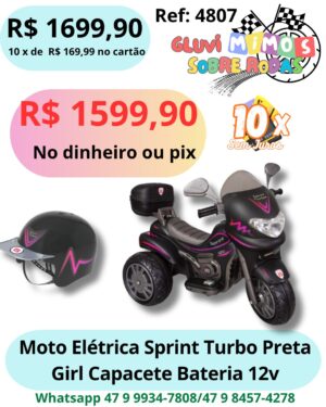 Moto Elétrica Sprint Turbo Preta Girl  Capacete Bateria 12v