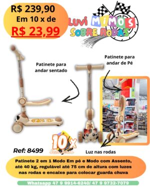 Patinete 2 em 1 Modo Em pé e Modo com Assento, até 40 kg, regulável até 75 cm de altura com luzes nas rodas e encaixe para colocar guarda chuva