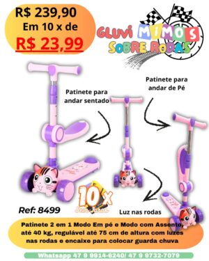 Patinete 2 em 1 Modo Em pé e Modo com Assento, até 40 kg, regulável até 75 cm de altura com luzes nas rodas e encaixe para colocar guarda chuva