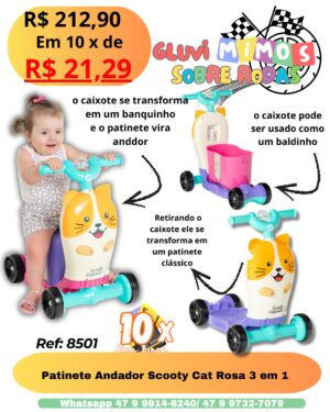 Patinete Andador Scooty Cat Rosa 3 em 1