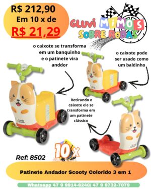 Patinete Andador Scooty Colorido 3 em 1