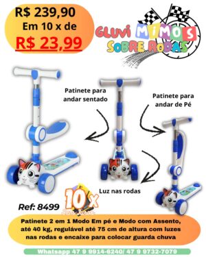 Patinete 2 em 1 Modo Em pé e Modo com Assento, até 40 kg, regulável até 75 cm de altura com luzes nas rodas e encaixe para colocar guarda chuva