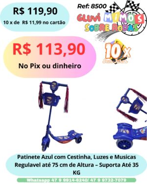 Patinete Rosa com Cestinha, Luzes e Musicas Regulavel até 75 cm de Altura - Suporta Até 35 KG