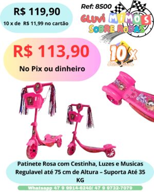 Patinete Rosa com Cestinha, Luzes e Musicas Regulavel até 75 cm de Altura - Suporta Até 35 KG