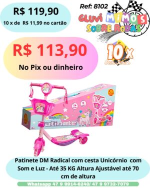 Patinete Rosa com Cestinha, Luzes e Musicas Regulavel até 75 cm de Altura - Suporta Até 35 KG - Unicornio