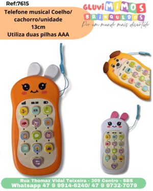 Telefone musical Coelho/ cachorro/unidade 13cm Utiliza duas pilhas AAA