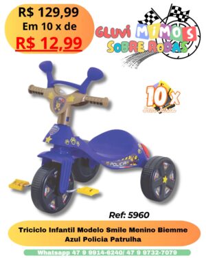 Triciclo Infantil Modelo Smile Menino Biemme Azul Policia Patrulha