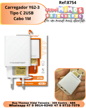 Carregador Y62-3 Tipo C 2USB  Cabo 1M