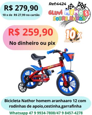 Bicicleta  Nathor Homem Aranha Aro 12  C/ Rodinhas de apoio, cestinha, garrafinha e freio