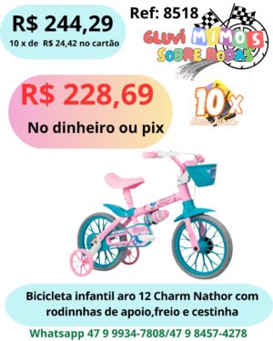 Bicicleta Infantil Aro 12 Charm Nathor com rodinhas de apoio, freio e cestinha