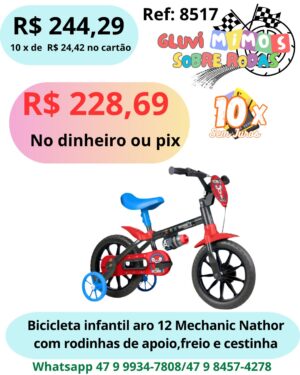 Bicicleta Infantil Aro 12 Mechanic Nathor com rodinhas de apoio, freio e cestinha