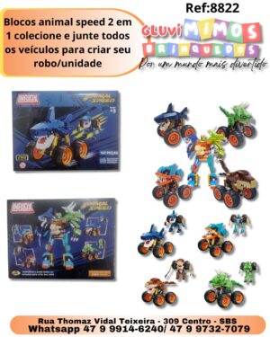 Blocos animal speed 2 em 1 colecione e junte todos os veículos para criar seu robo/unidade